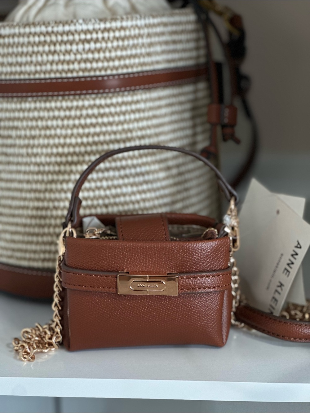Anne Klein Brown Pebbled Leather Mini Top-Handle Crossbody